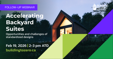 Graphic advertising Backyard Suites webinar on Feb 19 from 2 to 3 pm. Background image of a small house lit up against the night sky.